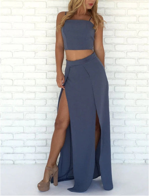 Vestidos de fiesta de dos piezas, corte A, largo hasta el suelo, con abertura lateral